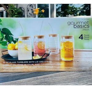 🍹Mikasa Set of 4 Glass Tumbers with Bamboo Lid and Straws for iced tea, Drinks,